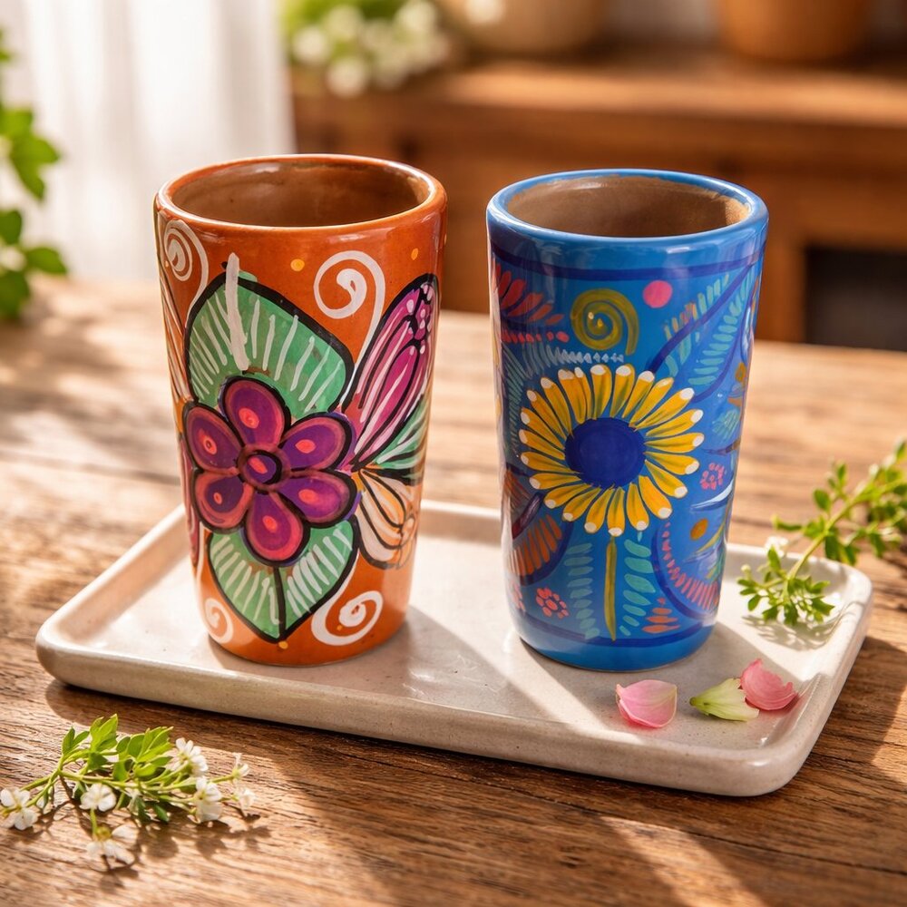 Mexican Ceramic Shot Glasses with‎ Floral Design - New